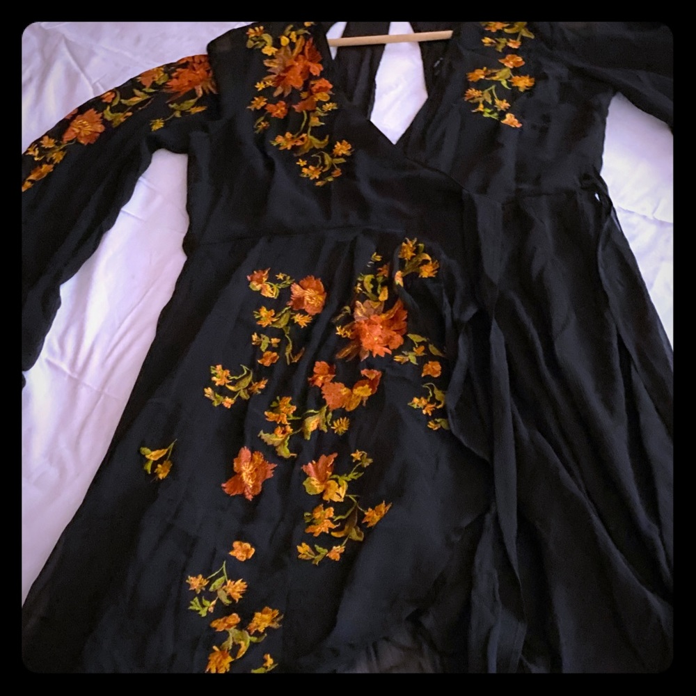 wrap front midi dress with embroidery in black